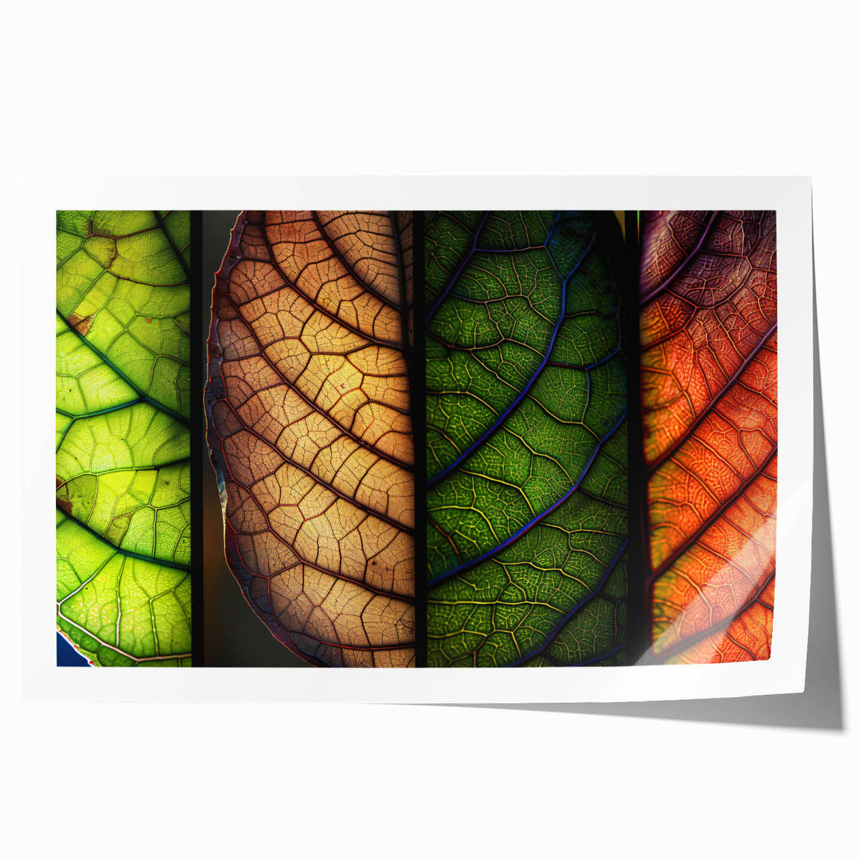 Rolled print of vibrant floral and botanical wall art, showcasing intricate leaves and colorful flowers on a textured background, perfect for home decor.