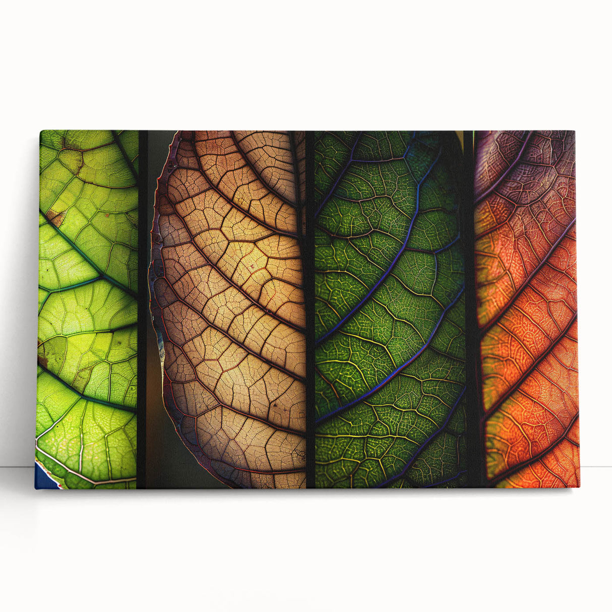 Stretched canvas wall art showcasing a vibrant floral design with green leaves, elegantly leaning against a neutral wall, perfect for home decor enhancement.