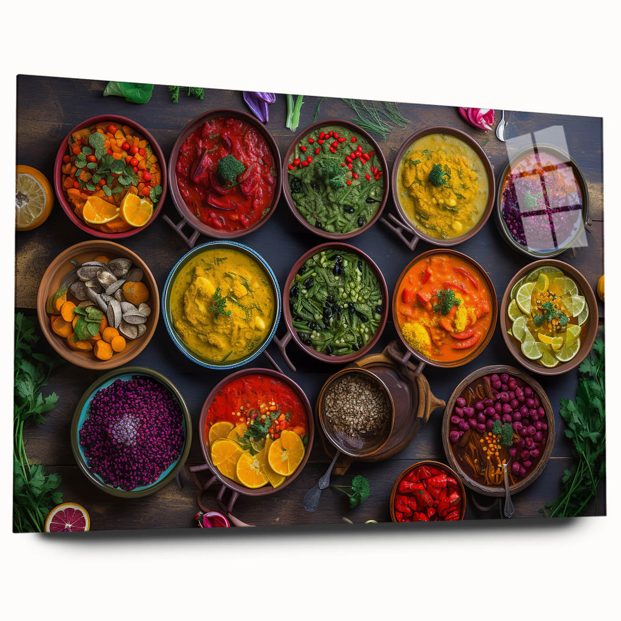 Acrylic print of large abstract wall art featuring assorted food dishes in vibrant, multicolored hues.