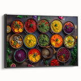 Black and white vintage poster art on framed canvas depicting various food dishes, suited for bedroom wall decor.