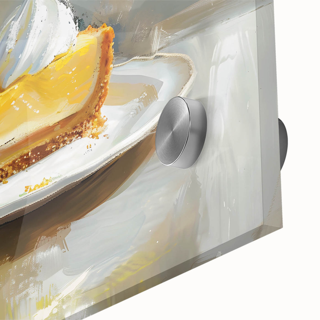 Close-up of large abstract pastries art print on acrylic glass, featuring mid-century modernist style with vibrant colors.