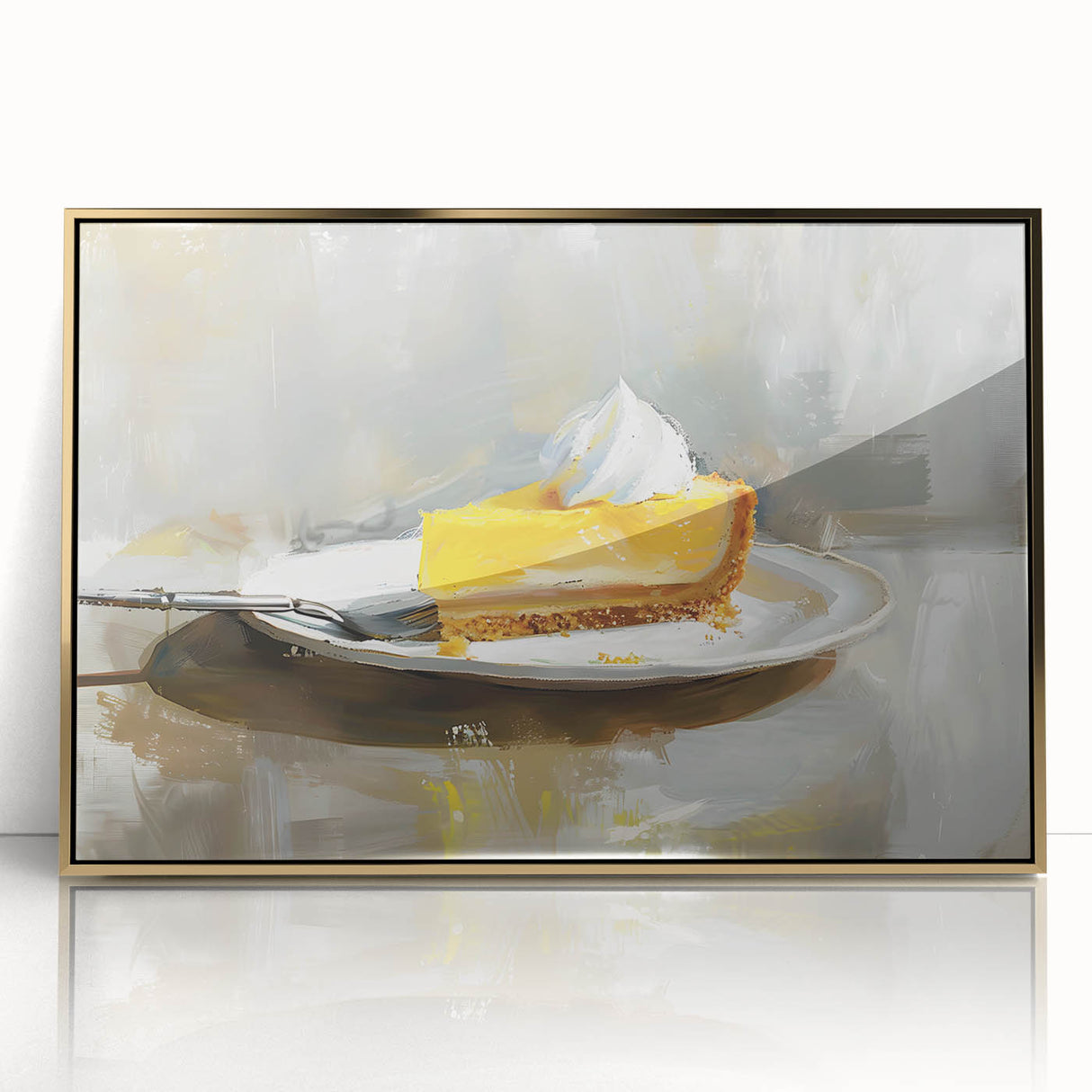 Large art print of assorted pastries in soft pastel colors on a gold-framed acrylic, ideal for modern kitchen decor.