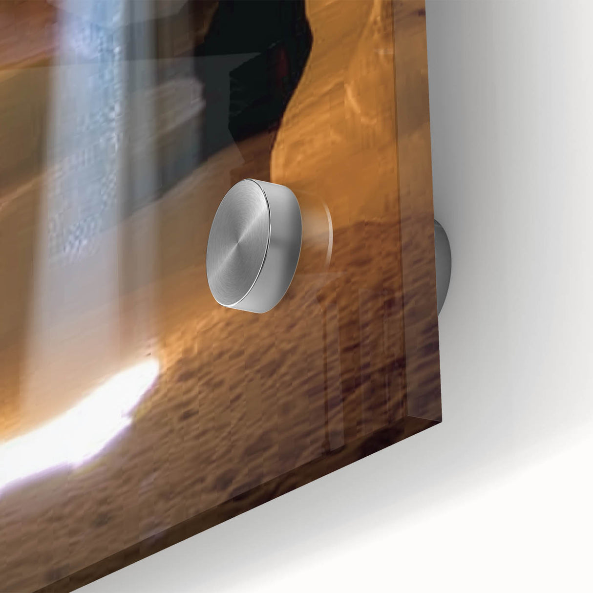 Close-up view of a vibrant acrylic glass artwork depicting colorful canyons, showcasing intricate textures and vivid hues, ideal for modern decor.