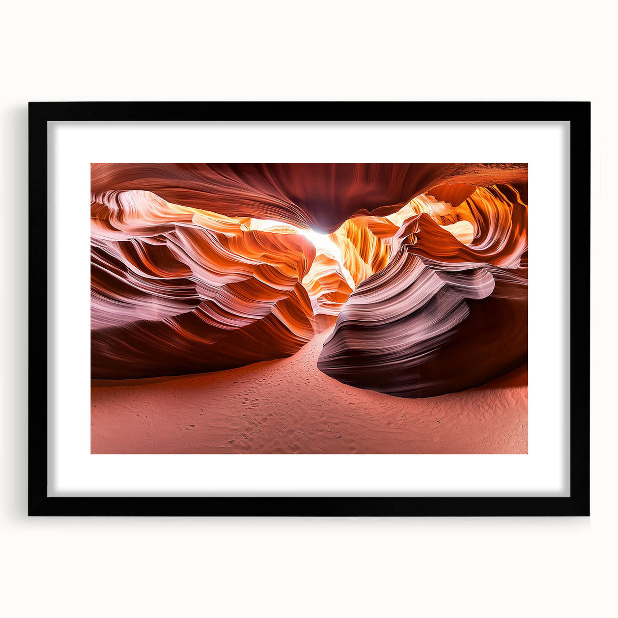 Black-framed landscape art featuring a serene desert scene, elegantly matted to enhance visual depth, perfect for home decor in modern interiors.