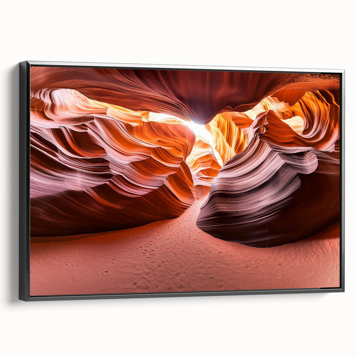 Framed canvas artwork depicting a stunning desert landscape with vibrant hues of orange and yellow, featuring a sleek black frame for modern decor. Ideal for enhancing living spaces with a touch of nature's beauty.