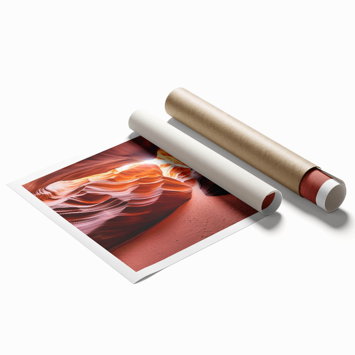 Desert landscape rolled print showcasing warm hues of orange and yellow, capturing a serene sunset over sand dunes, elegantly packaged in a protective tube.