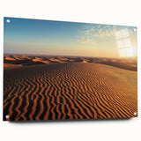 Acrylic glass side view of a modern landscape artwork depicting serene sand dunes, elegantly displayed with pins, showcasing vibrant colors and textures.