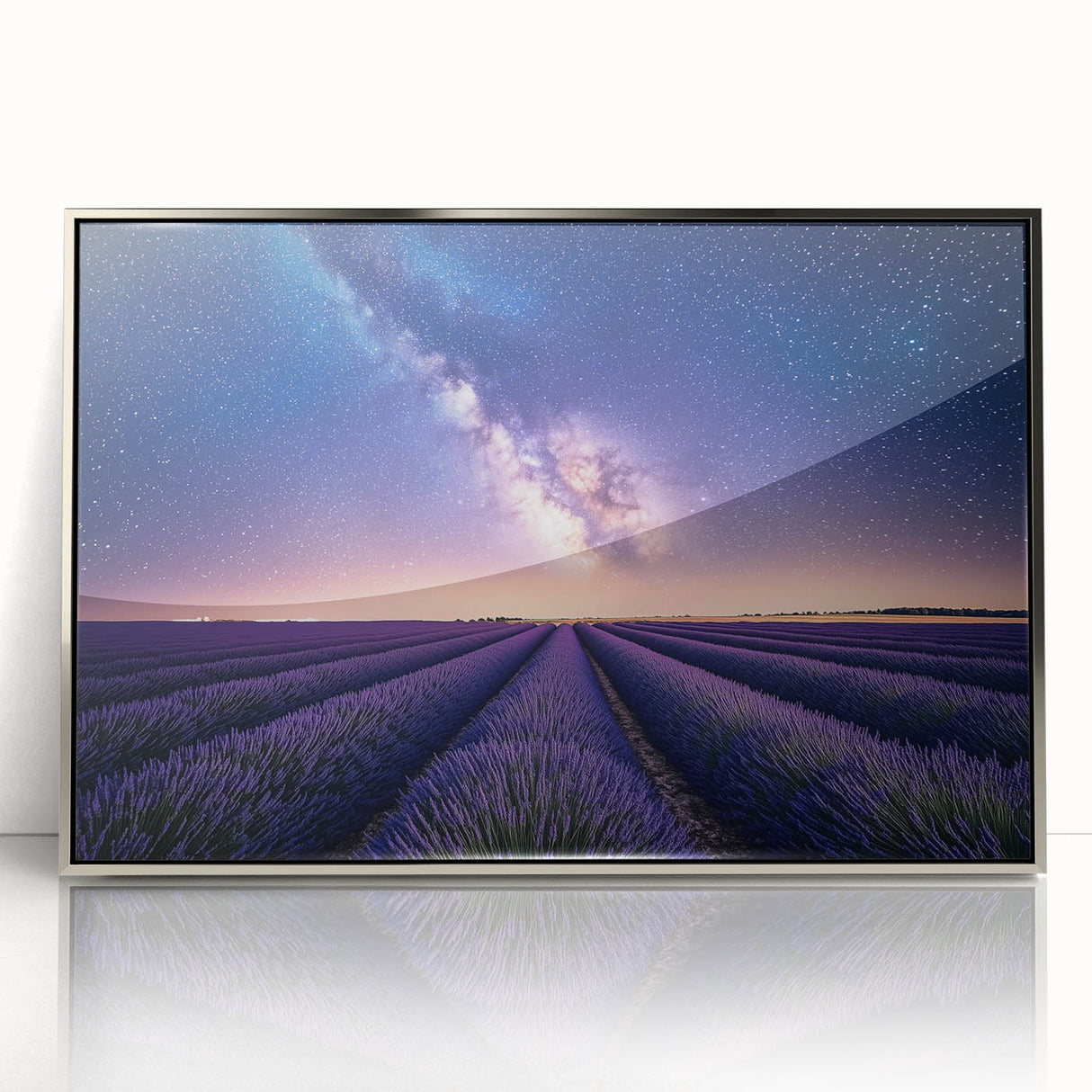 Framed acrylic artwork showcasing a serene landscape of rolling green fields under a bright blue sky, ideal for enhancing home decor with nature-inspired aesthetics.