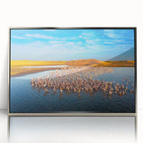 Framed acrylic print of a serene Namibian landscape, in muted earth tones, ideal for modern art wall decor.