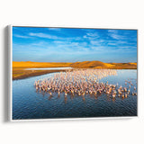 Framed canvas depicting a vintage-style landscape of Namibia with muted earth tones, ideal for bedroom wall art.