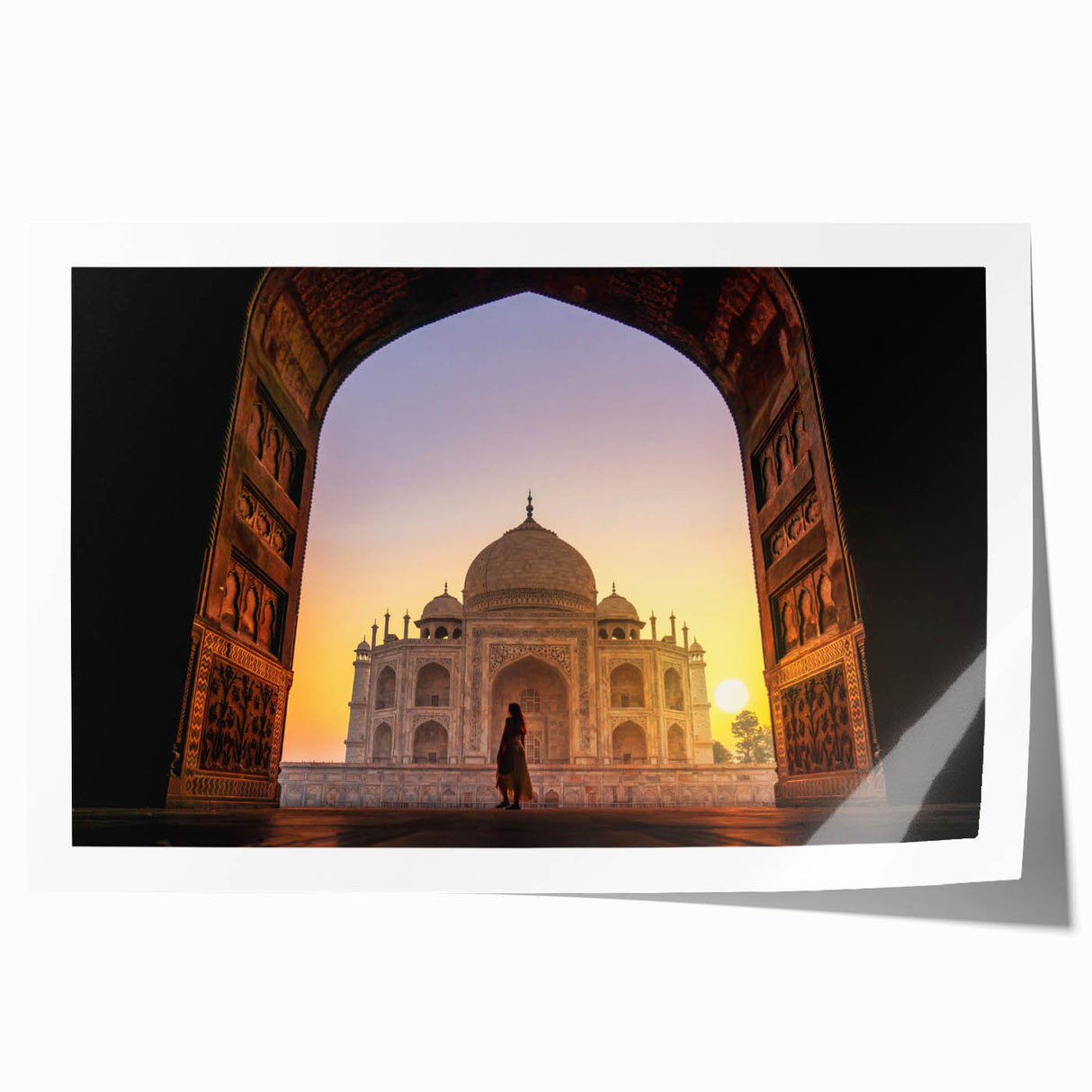 Extra large rolled print of a serene Indian landscape with lush floral elements in vibrant green and blue tones.