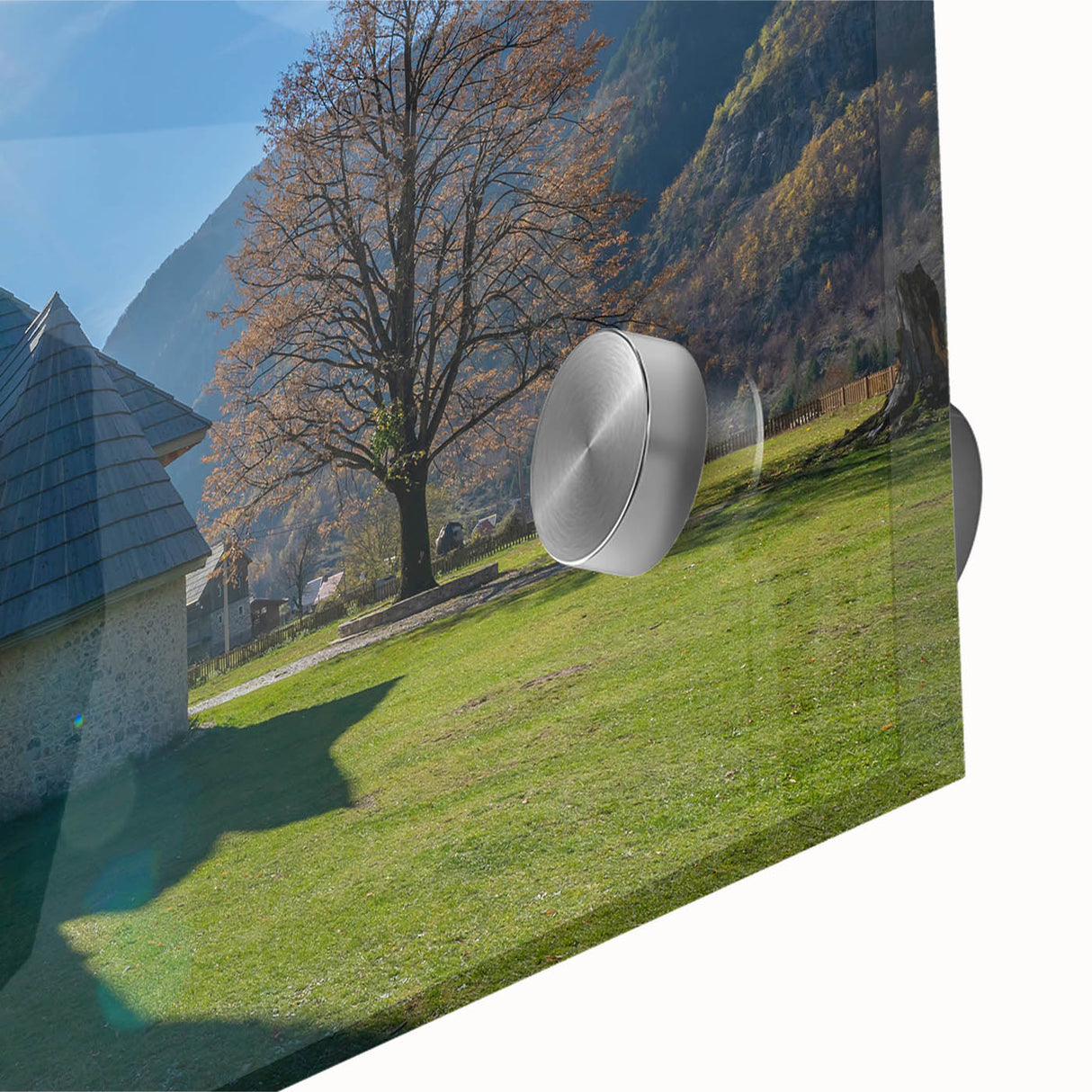 Large abstract wall art on acrylic featuring a mid-century modernist European scenery in muted earth tones.