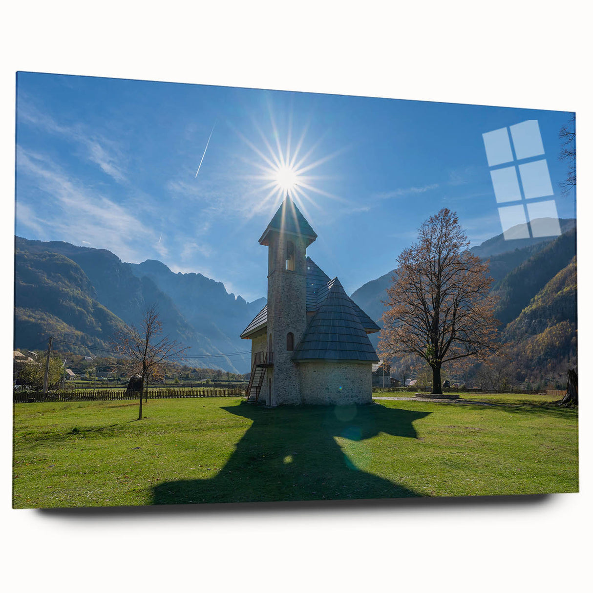 Large abstract wall art depicting a European Albanian scenery in muted earth tones on acrylic glass.