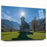 Large abstract wall art depicting a European Albanian scenery in muted earth tones on acrylic glass.