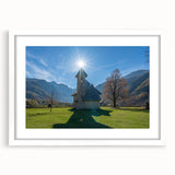 Extra large abstract art print depicting a textured European scenery in muted earth tones, framed with white mat.