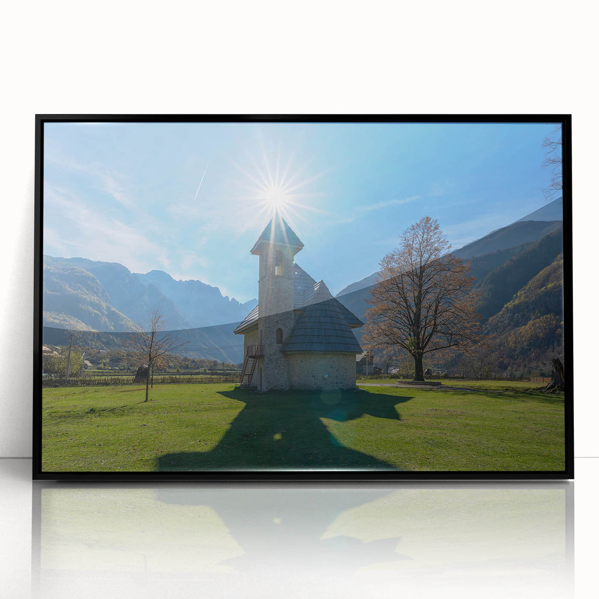 Large abstract wall art depicting a European Albanian landscape in muted earth tones, framed in black acrylic.