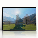 Large abstract wall art depicting a European Albanian landscape in muted earth tones, framed in black acrylic.