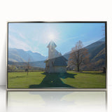 Art Deco poster of an Albanian landscape in silver framed acrylic, featuring muted earth tones.