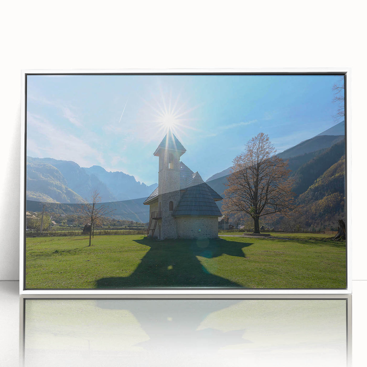 Large art print of a European Albanian scenery in mid-century modernist style, framed in white acrylic.