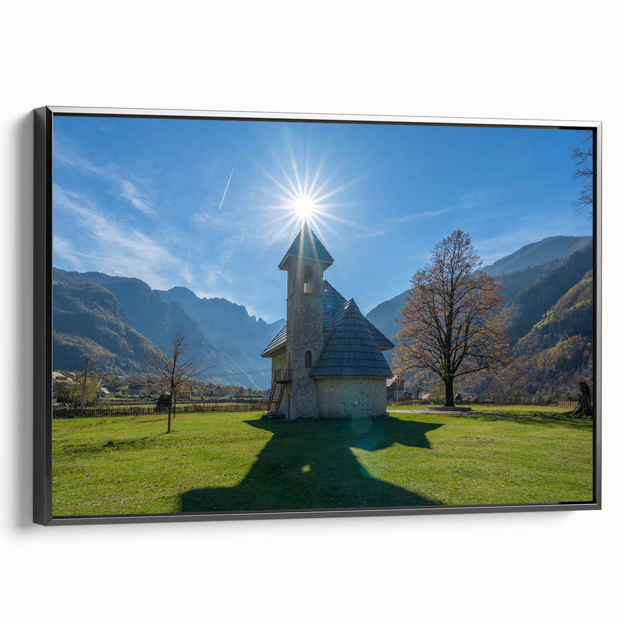 Black and white landscape art painting of a European scenery on framed canvas, ideal for bedroom wall decor.