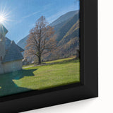 Textured black wall art depicting a scenic Albanian landscape on a framed canvas, with vivid colors.