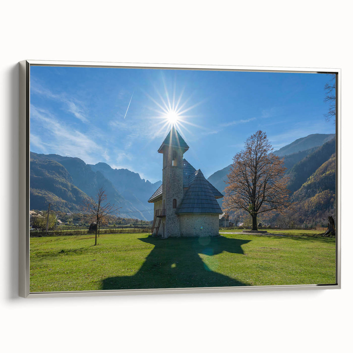 Vintage-style landscape painting of an Albanian scenery on a silver-framed canvas, ideal for bedroom wall art.
