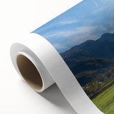 Art deco poster of an Albanian landscape in pastel shades on rolled canvas, ideal for nursery wall art.