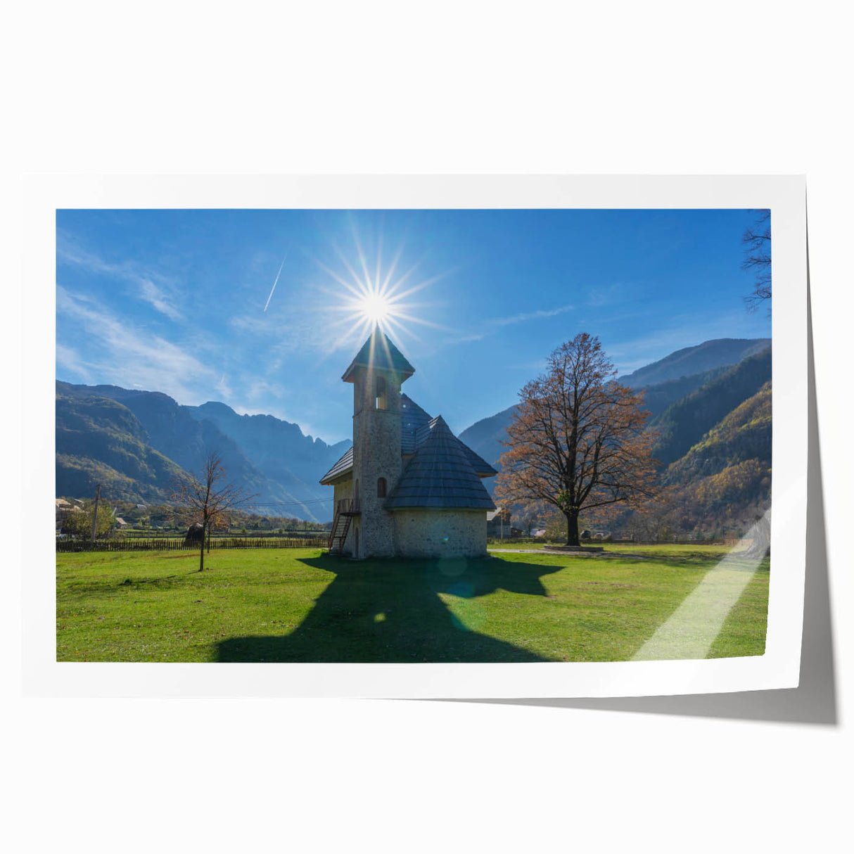 Rolled print of a European Albanian landscape with vibrant greenery and floral elements, suitable for art wall dining room.
