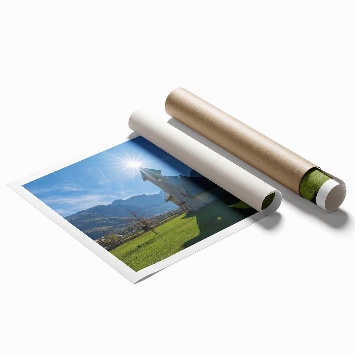 Extra large rolled print featuring a serene European Albanian landscape with floral elements in soft green and blue tones.
