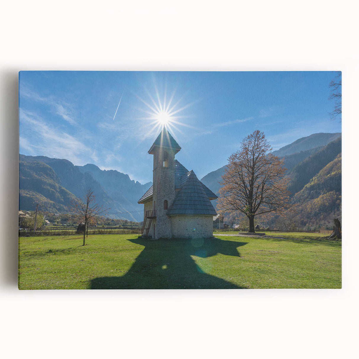 Black and white photograph of a scenic Albanian landscape on stretched canvas, ideal for kitchen wall art.