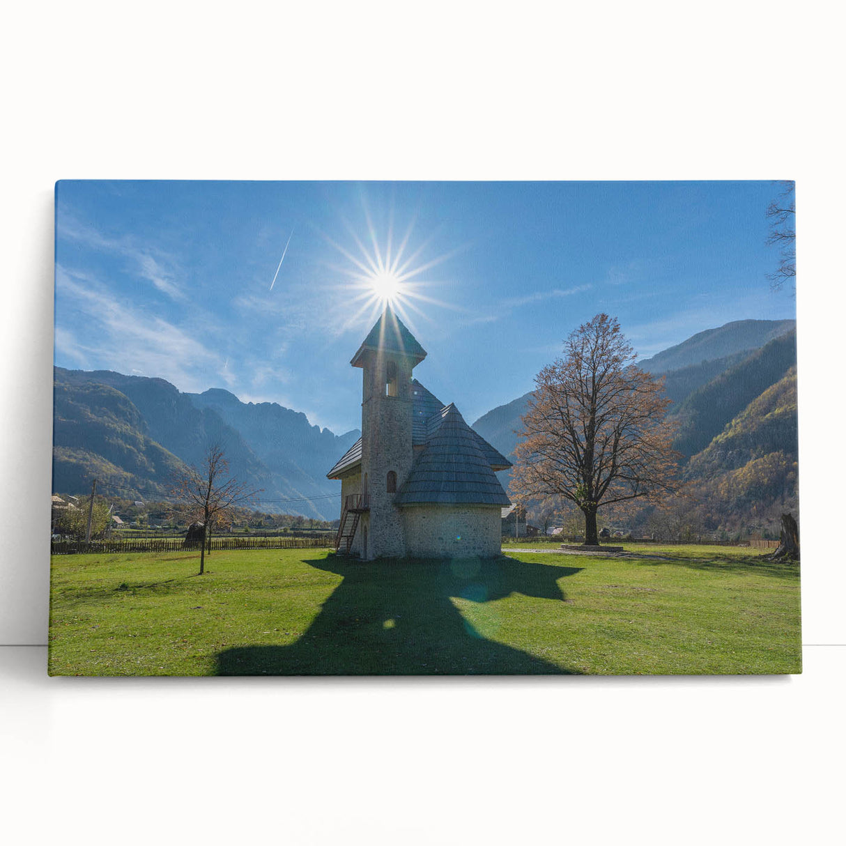 Large black and white stretched canvas of a European Albanian scenery, ideal for kitchen wall art.