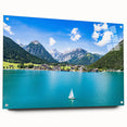 Acrylic glass print of a European landscape with muted green and blue tones, ideal for dining room decor.