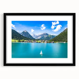 Extra large, colorful abstract art print of a textured European scenery on a framed canvas, ideal for living room decor.