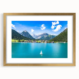 Abstract art print of a European landscape in muted earth tones on a framed canvas.