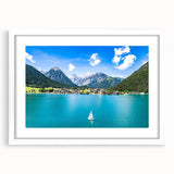 Textured abstract art print of a European landscape in muted earth tones, framed with a white mat, ideal for bedroom decor.