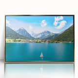 Art deco poster of a European landscape in muted gold tones on acrylic, ideal for modern art wall decor.