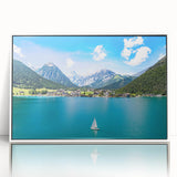 Mid-century modernist art depicting a serene Austrian landscape on a framed acrylic, with muted earth tones.