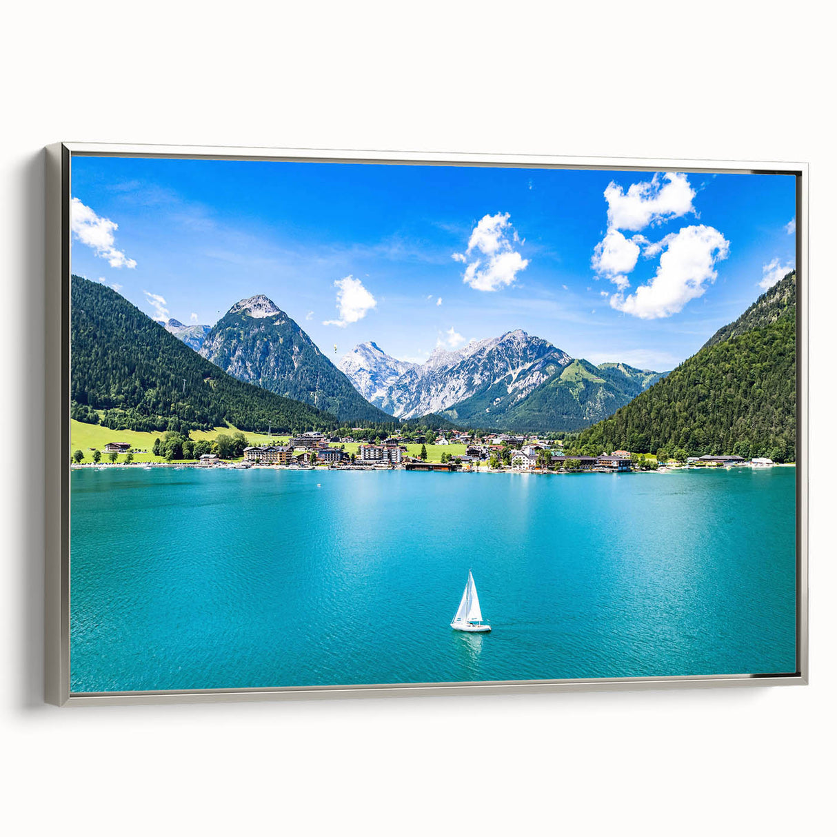 Landscape art painting of an Austrian scenery on framed canvas, featuring vibrant green and blue tones.