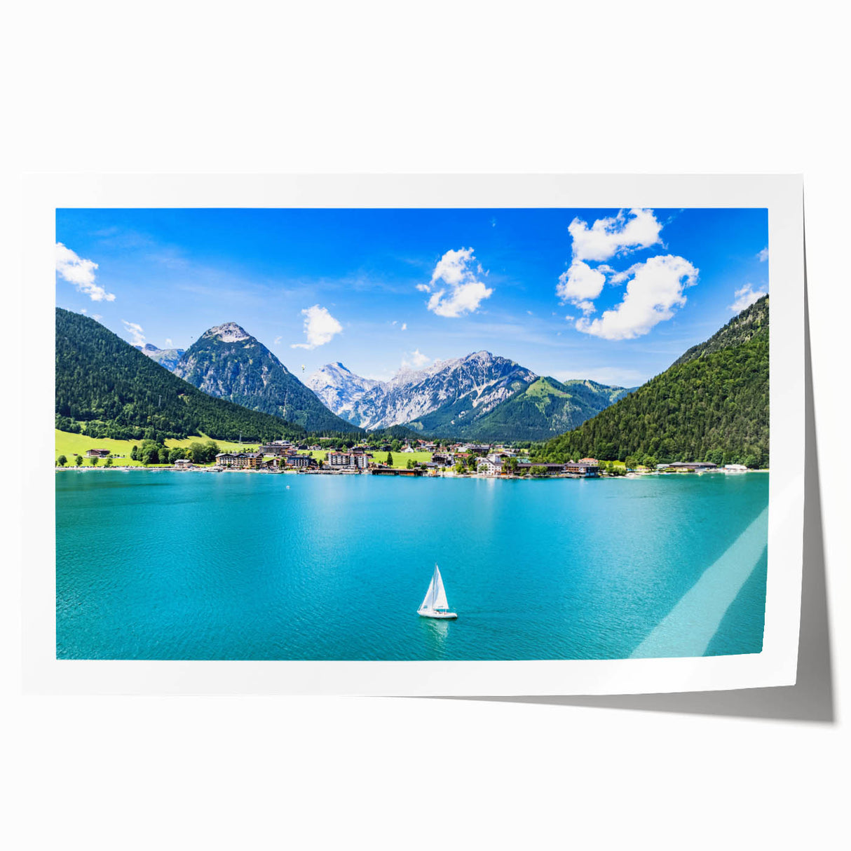 European scenic landscape featuring lush greenery and an Austrian village, in muted earth tones on rolled canvas.