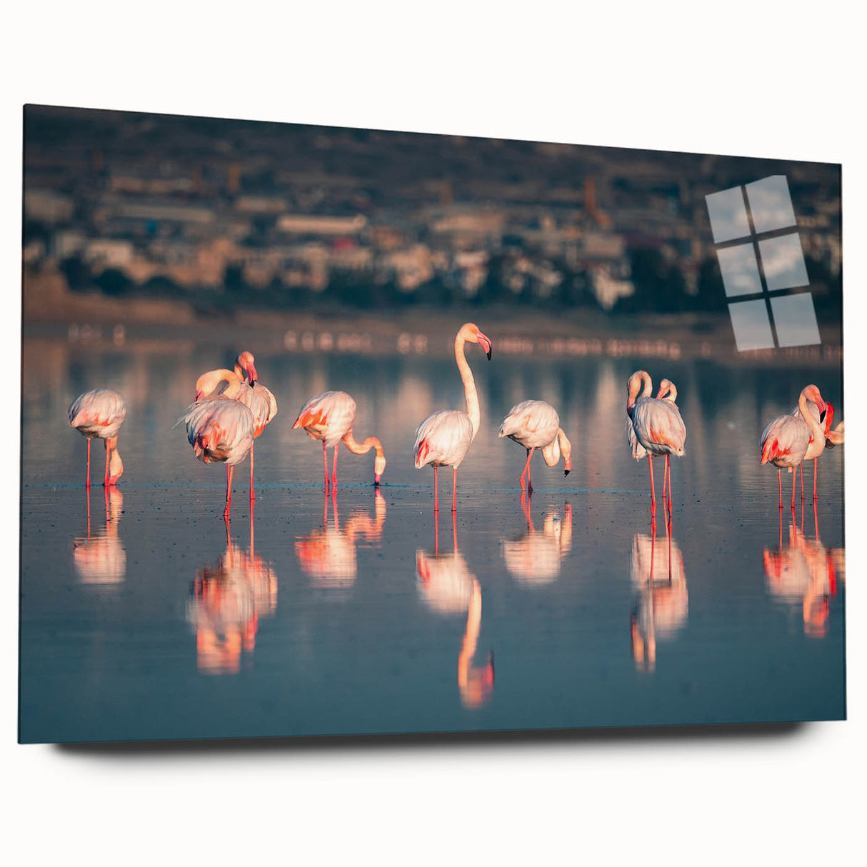 Large abstract wall art depicting a European Cyprus scenery in muted blue and green tones on acrylic glass.