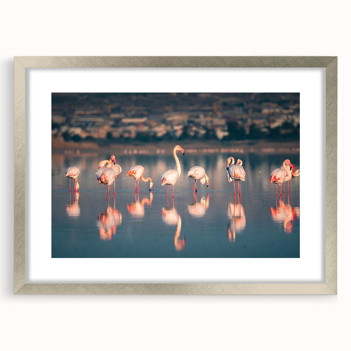 Extra large abstract art print of a textured European scenery in muted earth tones, framed with a silver mat.