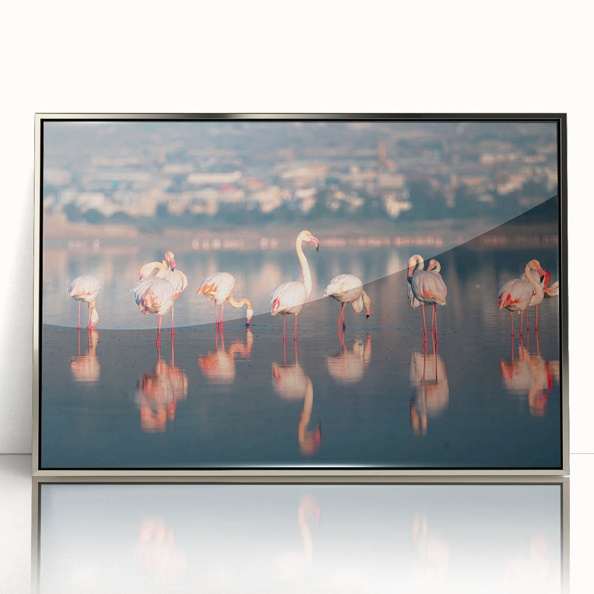 Large acrylic print of a European Cyprus landscape in silver frame, ideal for modern art wall decor.
