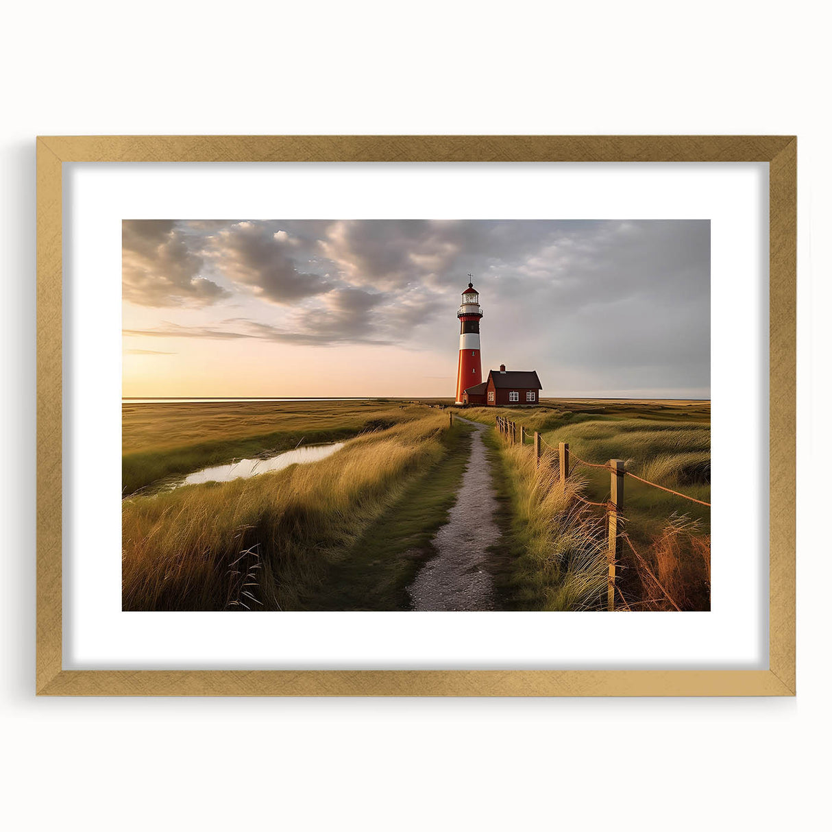 Abstract art print of a European scenery in muted earth tones, framed in gold, ideal for dining room decor.