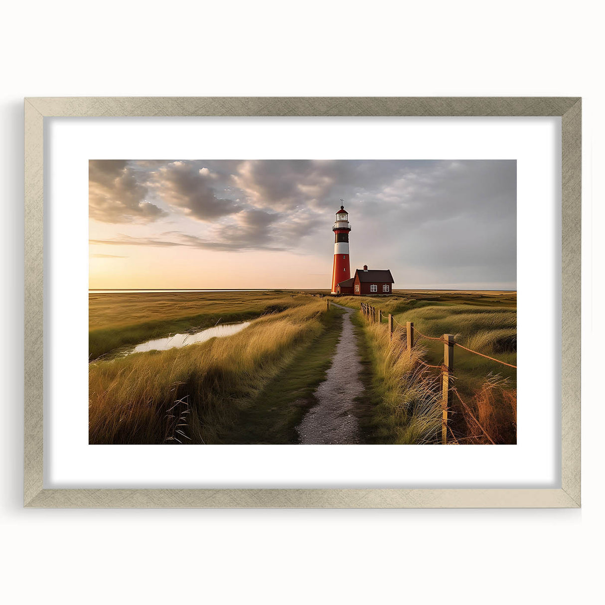 Extra large abstract art print of a textured European scenery in muted earth tones, framed in silver.