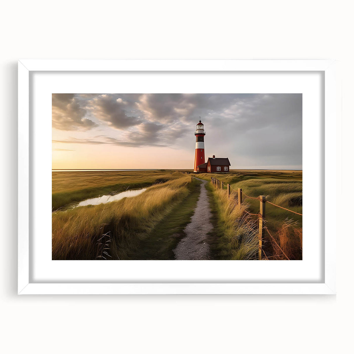 Textured abstract art print of a European scenery in Denmark, using muted earth tones on a white framed mat.