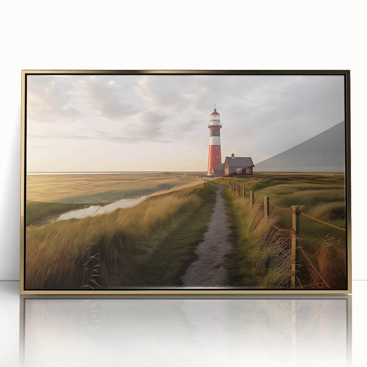 Acrylic print of a serene Danish landscape in muted greens and blues, framed in gold, suitable for modern art wall decor.