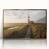 Acrylic print of a serene Danish landscape in muted greens and blues, framed in gold, suitable for modern art wall decor.