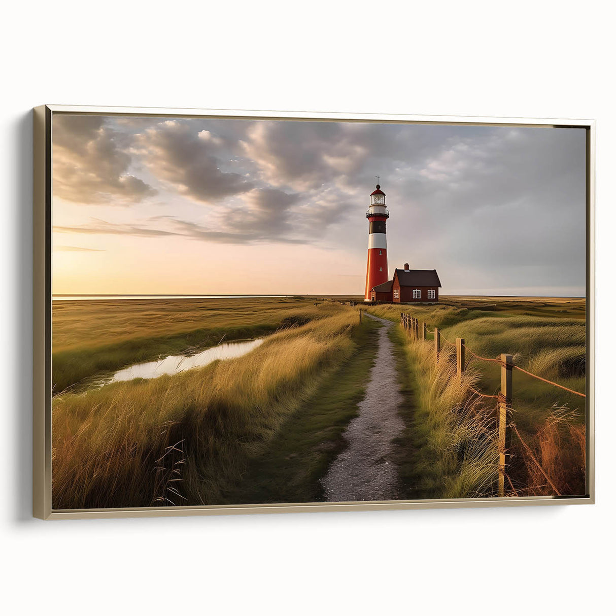 Framed canvas depicting a vintage Danish landscape in muted earth tones, ideal for bedroom wall art.