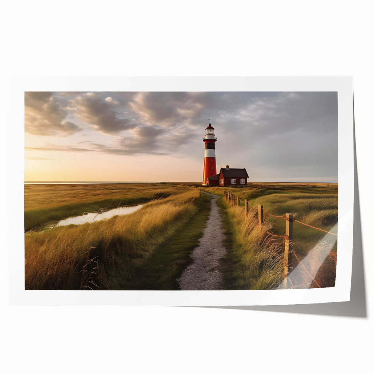 Rolled print of a Danish landscape in muted green and blue tones, ideal for dining room wall art.