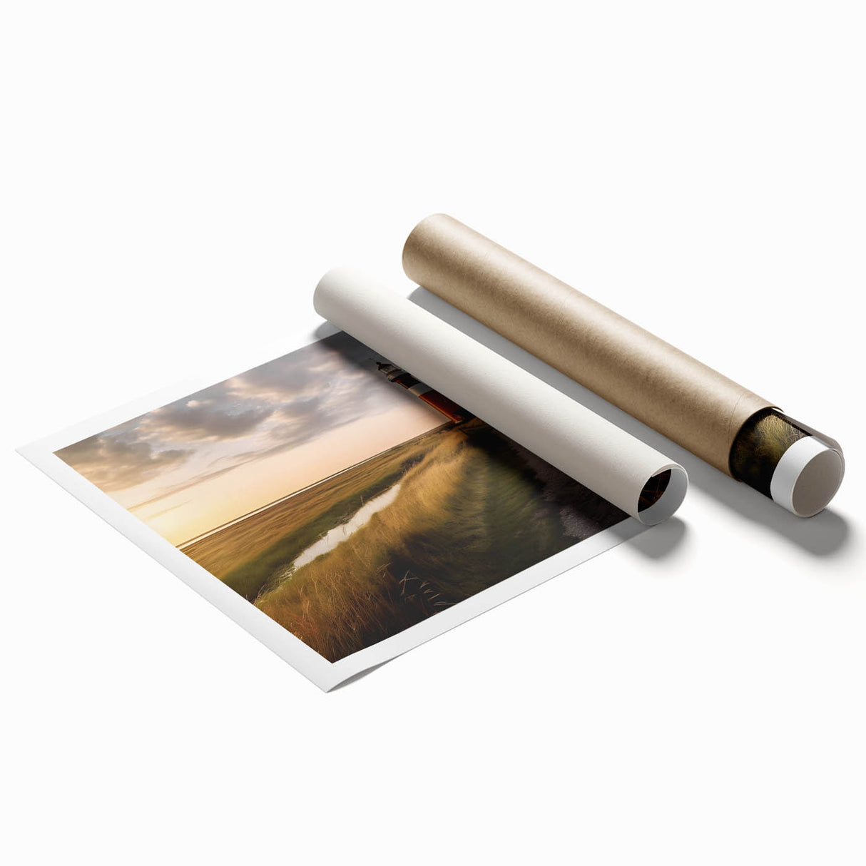 Large rolled print of a tranquil Danish landscape in soft pastel shades, ideal for classy bathroom wall art.